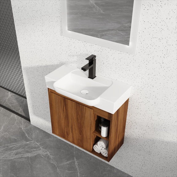 Wall mounted bathroom vanity with sink, dark wood cabinet, white basin, open storage shelf