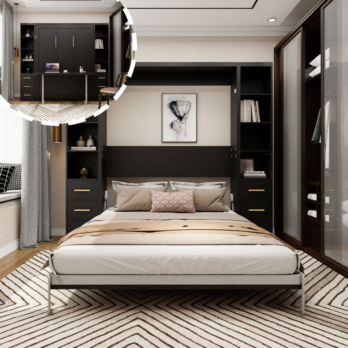 Vertical Murphy wall bed with built-in shelving and cabinet storage, black frame, queen bed.