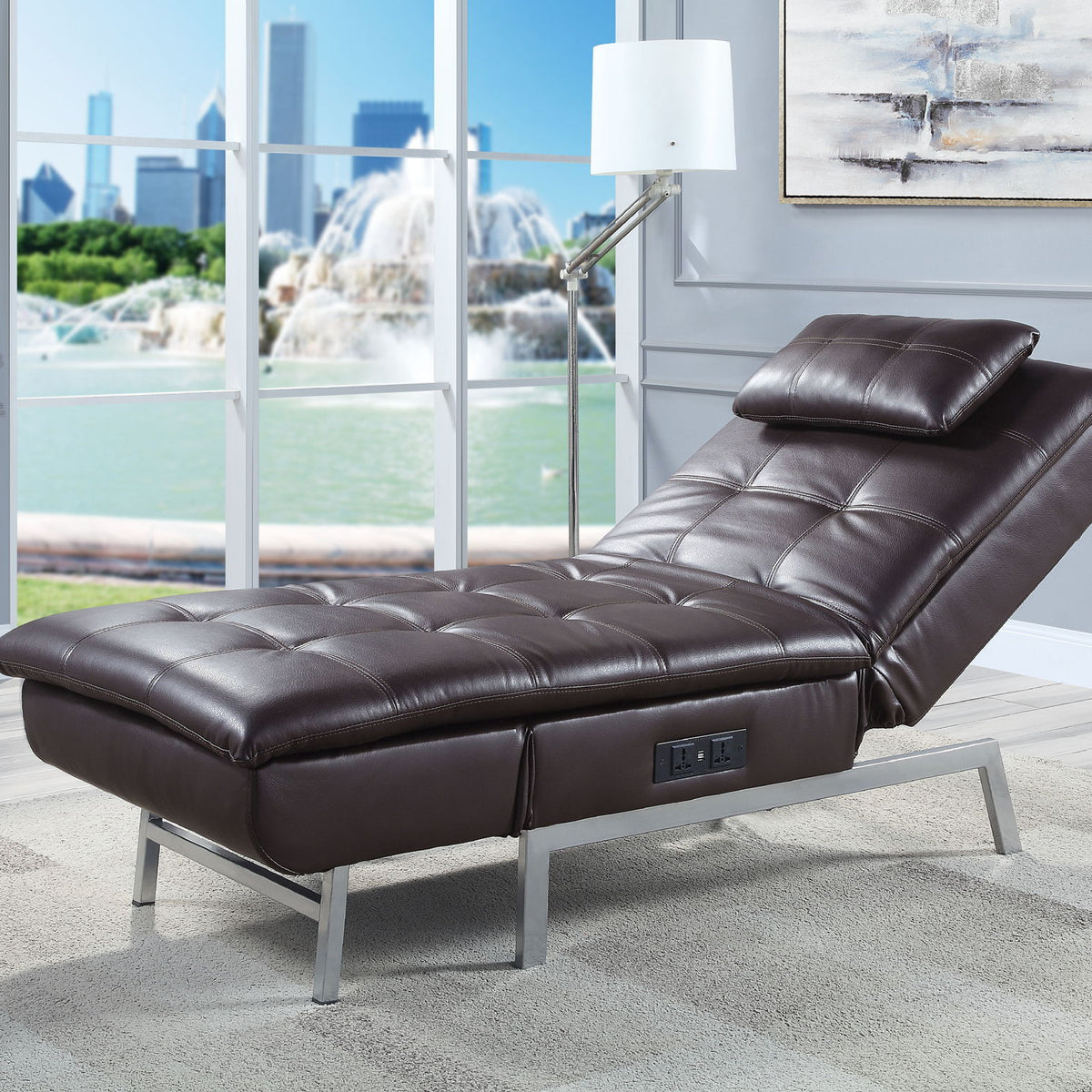 Padilla - Synthetic Leather Chaise Lounge With Pillow USB - Brown