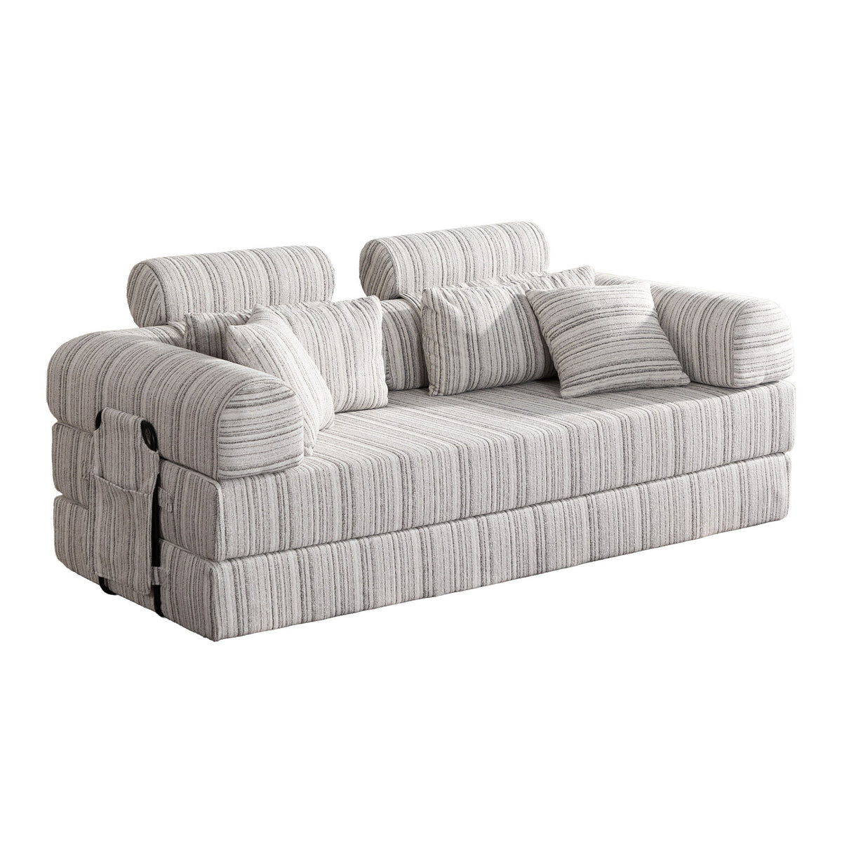 Striped light-gray sleeper sofa bed with rolled arms, tufted seat and 3 back pillows