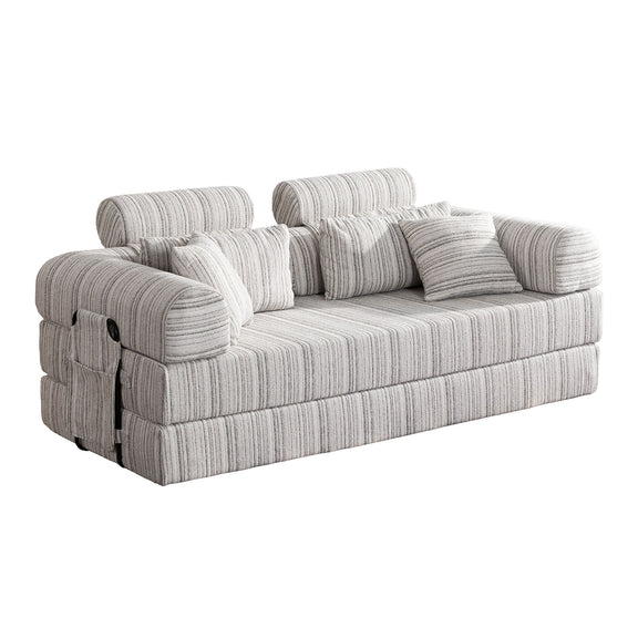Striped light-gray sleeper sofa bed with rolled arms, tufted seat and 3 back pillows