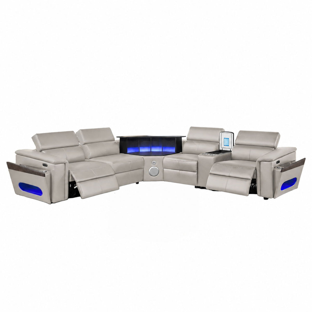 Light gray sectional sofa with blue LED back panel and center controls