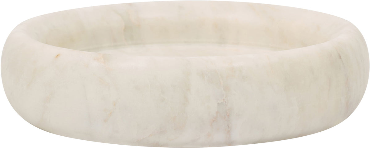 Pale white marble round tray with smooth sides and shallow center basin.
