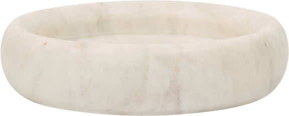 Pale white marble round tray with smooth sides and shallow center basin.