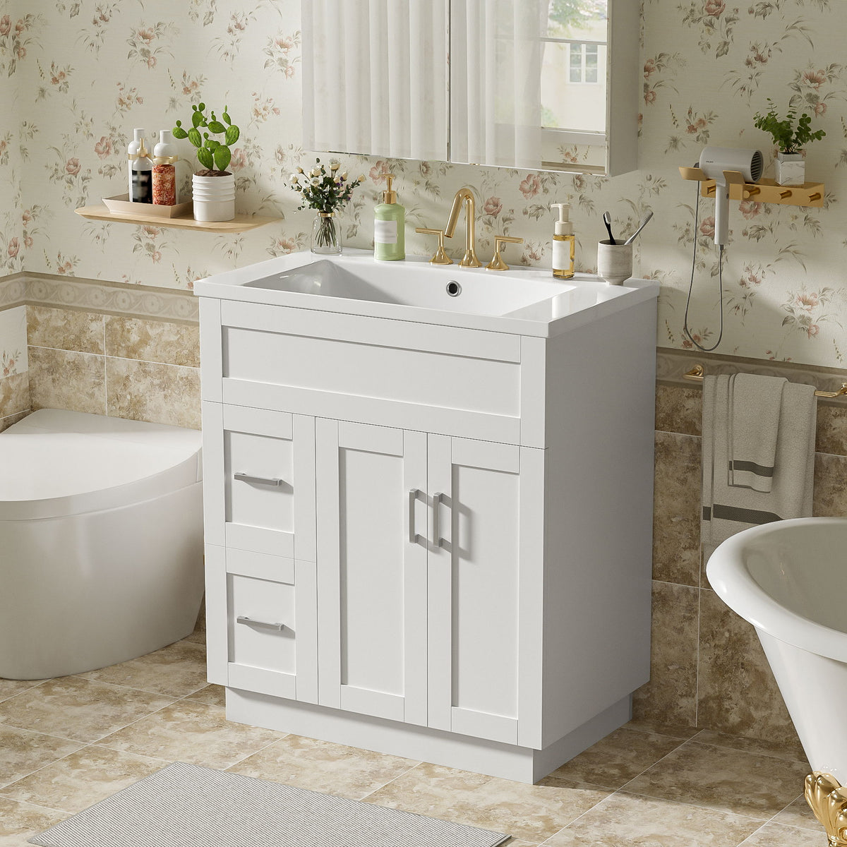 White bathroom vanity with sink, cabinet doors, and drawer fronts with bar pulls