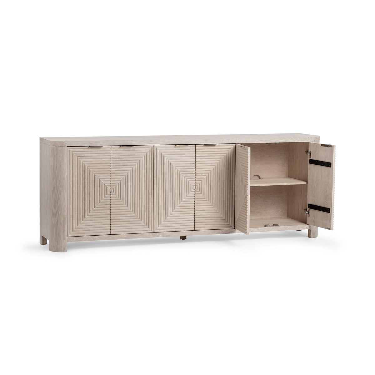 Vanilla wood cabinet with geometric fronts; open doors reveal interior shelves