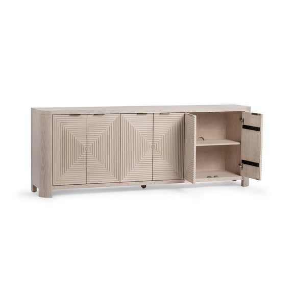 Vanilla wood cabinet with geometric fronts; open doors reveal interior shelves