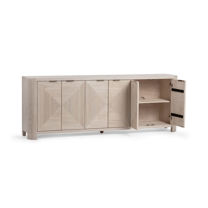Vanilla wood cabinet with geometric fronts; open doors reveal interior shelves