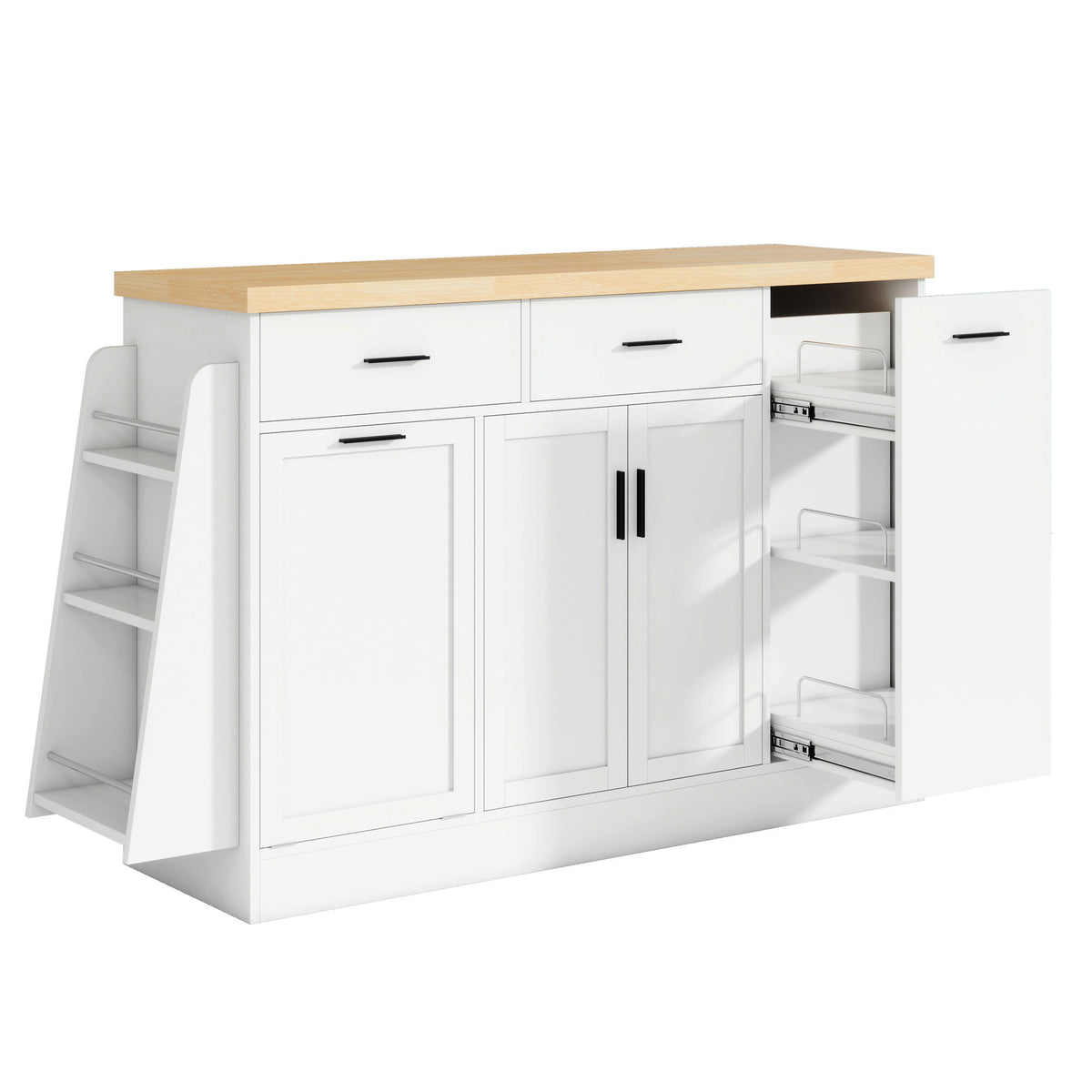 White kitchen sideboard with open cabinet compartments, sliding door, and wood-look top