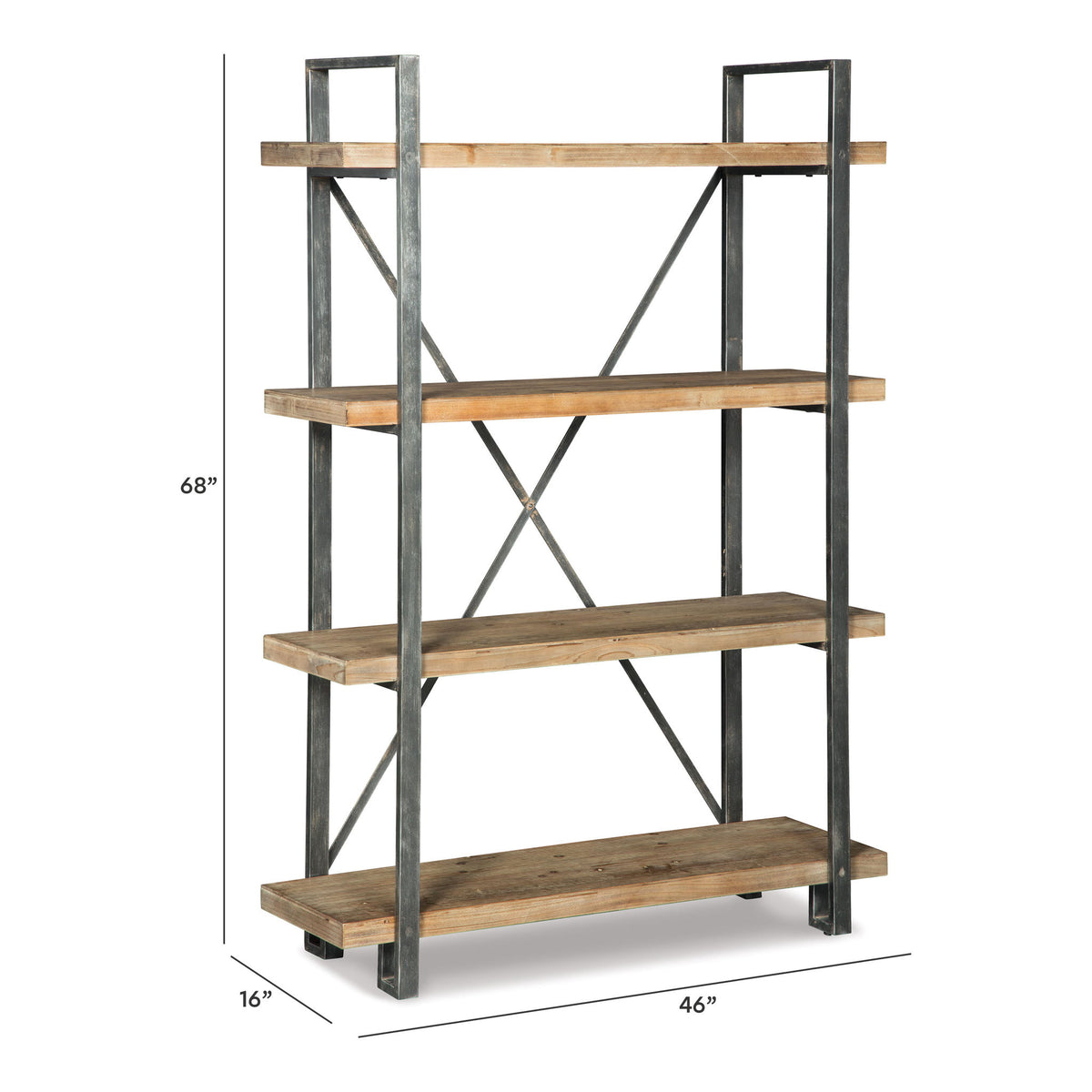 Industrial bookcase in brown and black with three open shelves and metal cross braces