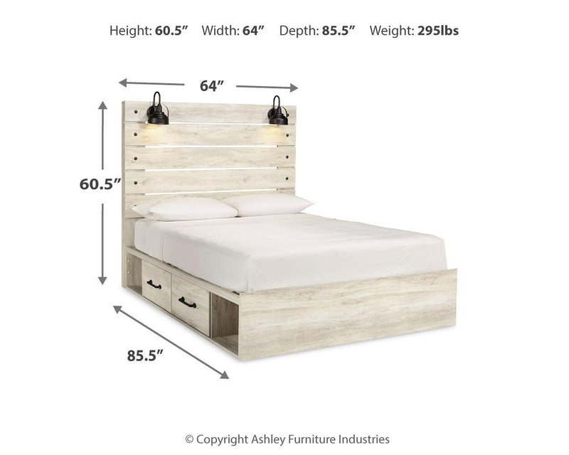 Cambeck panel bed in light beige wood finish with two front drawers and slat headboard