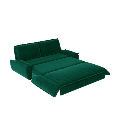 Dark green convertible sofa bed with pull-out mattress and cushioned backrest