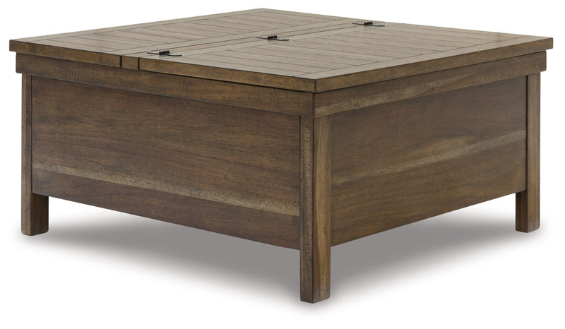 Grayish-brown lift-top cocktail table, hinged top and lower storage cabinet