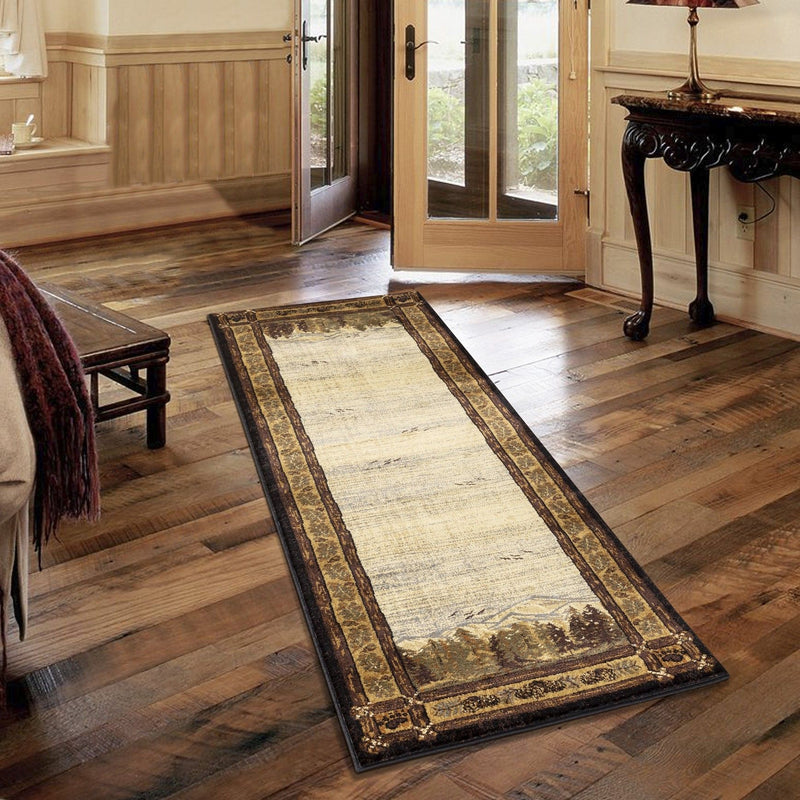 Lodge area rug with cream center and dark gold-brown border, rectangular pattern