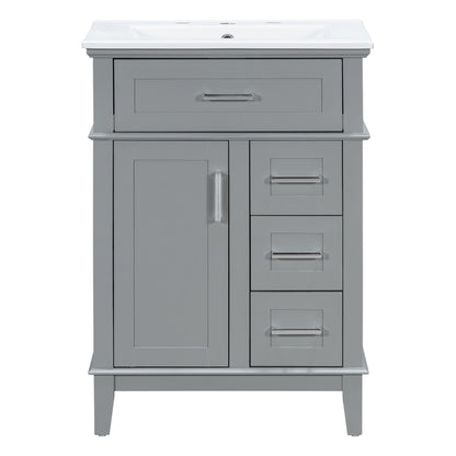 Gray bathroom vanity with sink, flip drawer, and three soft-close drawers