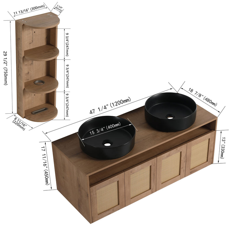Bathroom vanity with two black vessel sinks and rattan doors, plus curved storage rack.