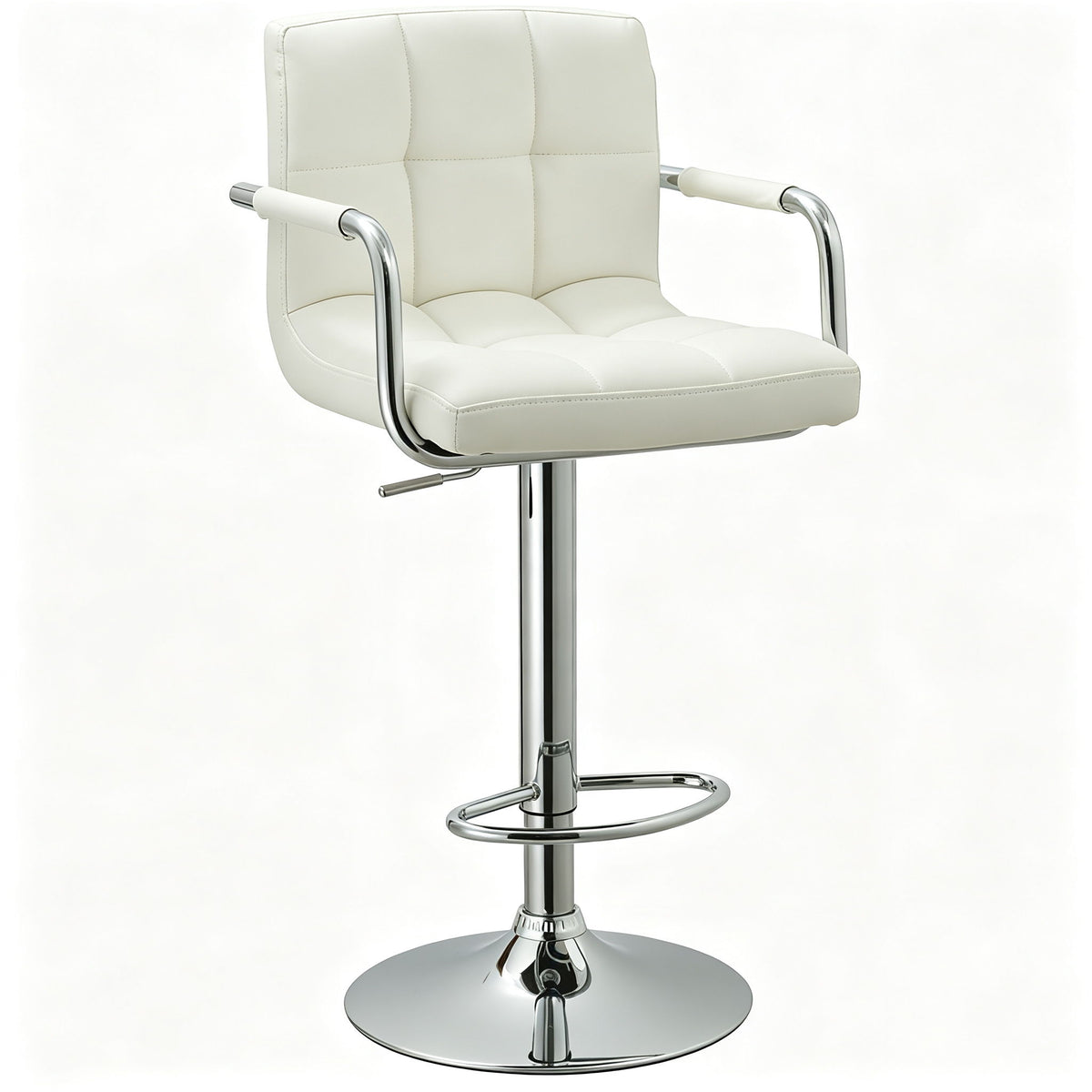 White upholstered adjustable swivel bar stool with padded back, armrests, and chrome base