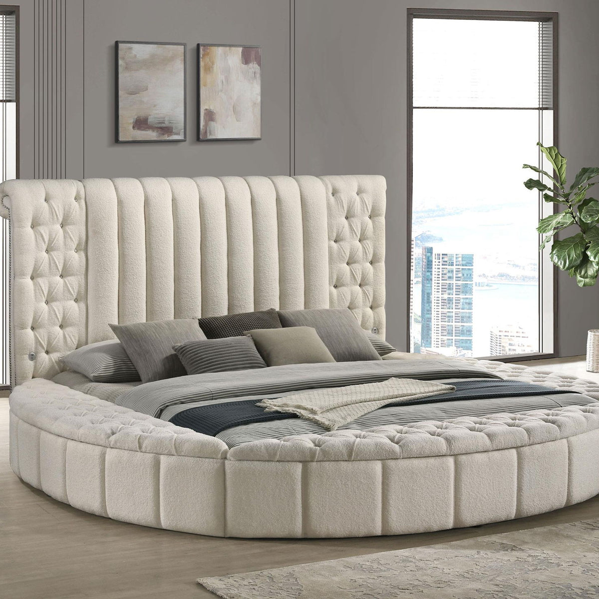 Sonya Upholstered Eastern King Round Storage Bed Ivory