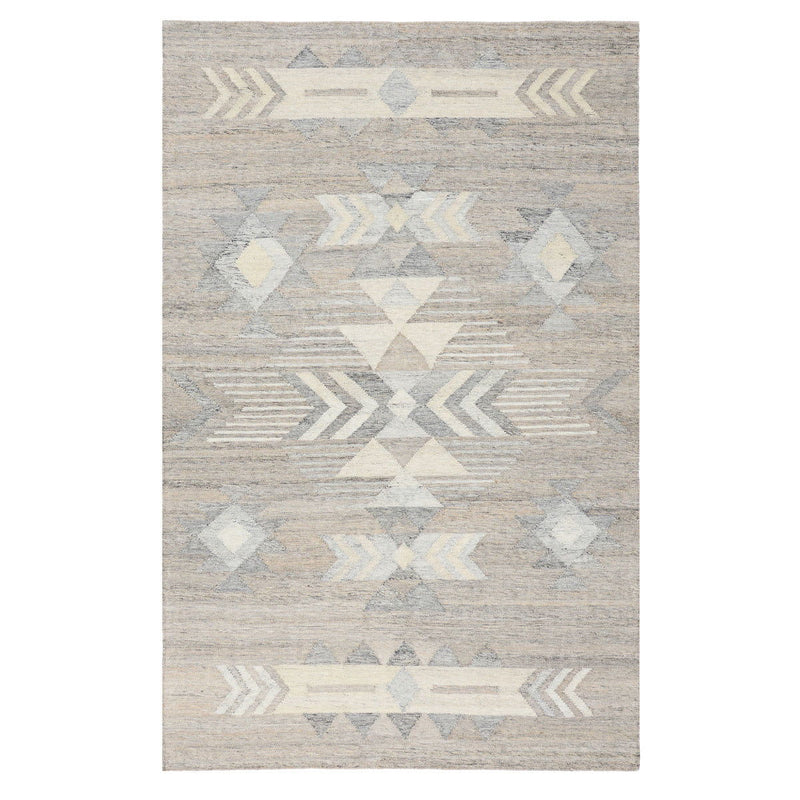 Gray geometric indoor/outdoor rug with chevron stripes, diamonds, and subtle tonal shading
