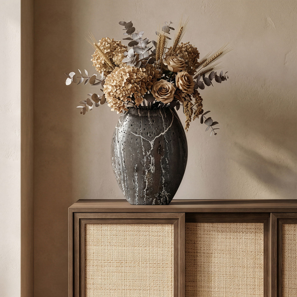 Dark gray textured vase holding a mixed floral arrangement