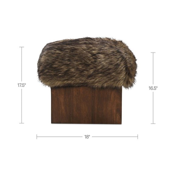Brown faux fur ottoman with rounded lid on dark wood block base