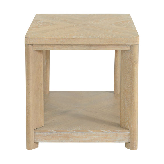 Tan wood end table with lower shelf and squared legs