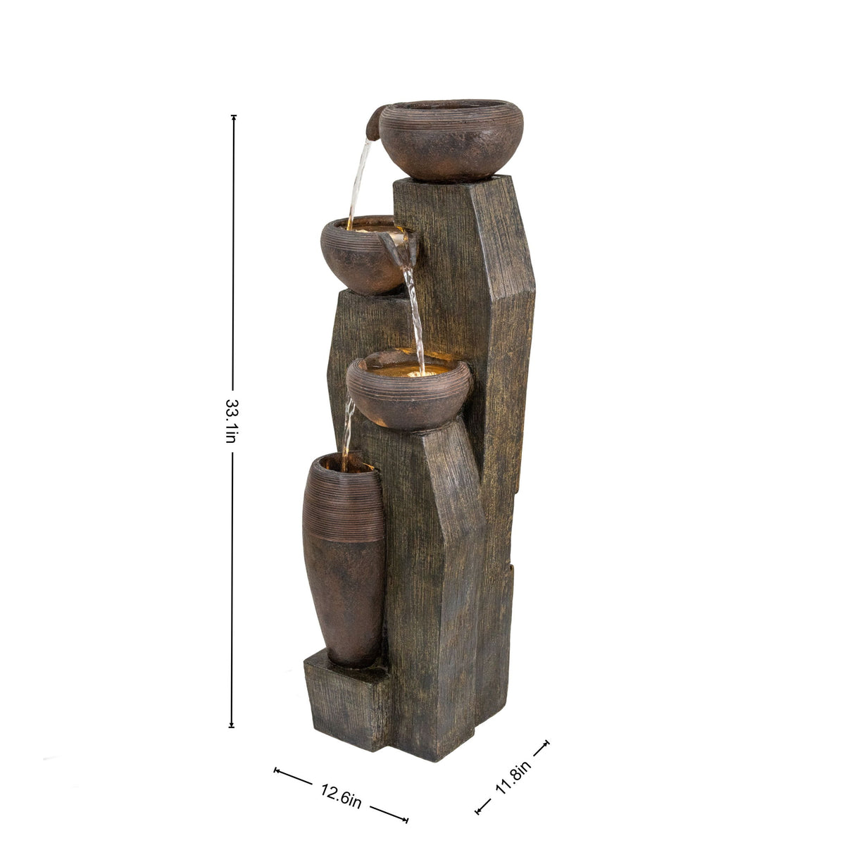 Four-tier cascading bowl fountain, shown with dimensions of 33.1 inches tall