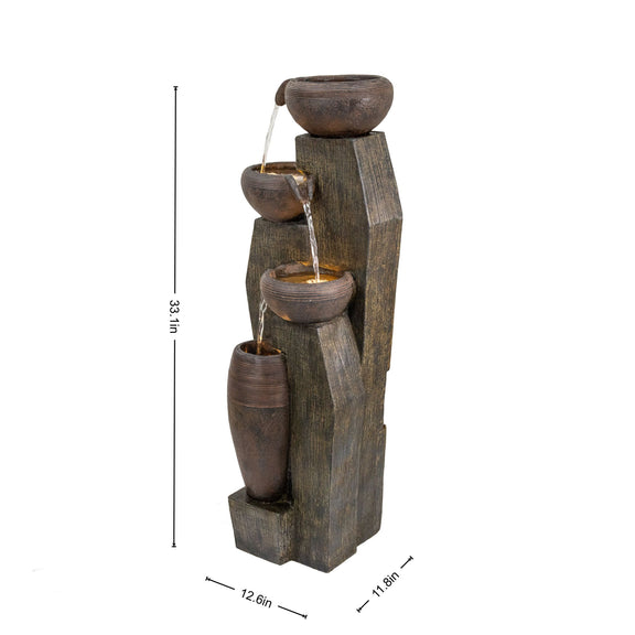 Four-tier cascading bowl fountain, shown with dimensions of 33.1 inches tall