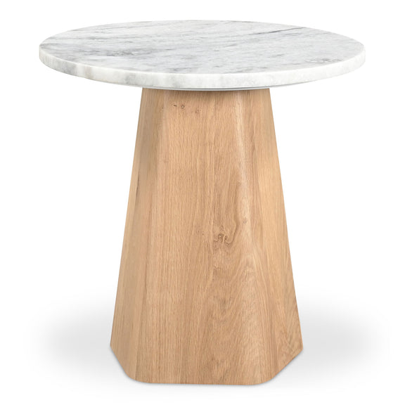 Round accent table with grey marble-look top and light wood pedestal base.