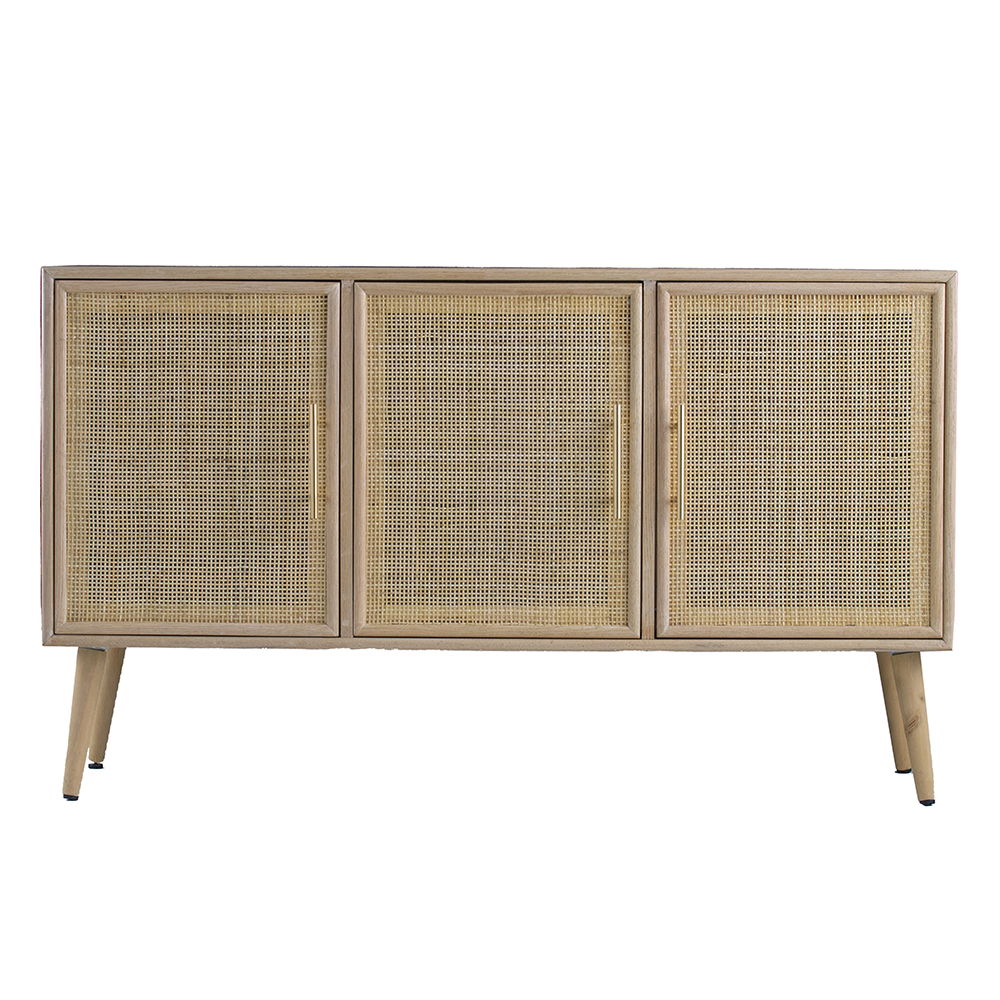 Front view of a three-door wooden TV cabinet with woven panels
