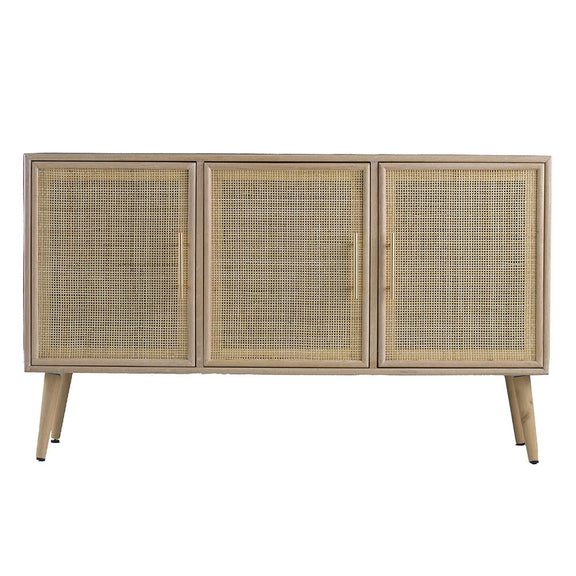 Front view of a three-door wooden TV cabinet with woven panels