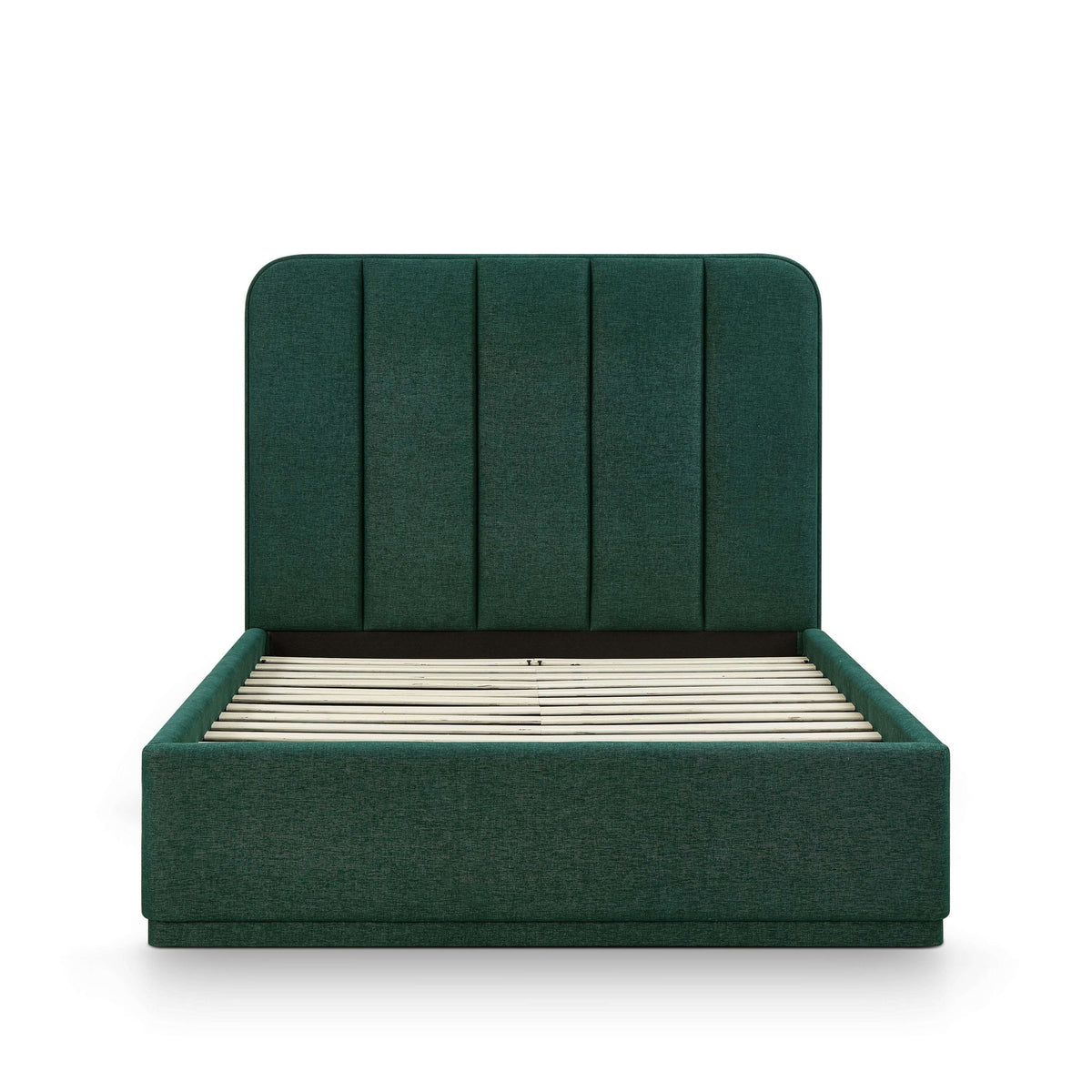 Dark green upholstered bed frame with slatted base and tall paneled headboard.