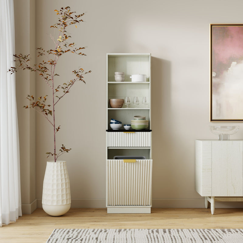 White fluted storage cabinet with open shelves and lower bin compartment shown closed