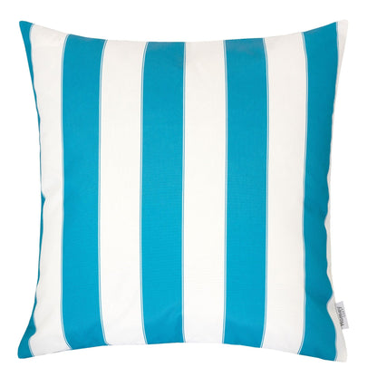 Outdoor striped pillow with white and light-blue vertical bands, stitched edge border