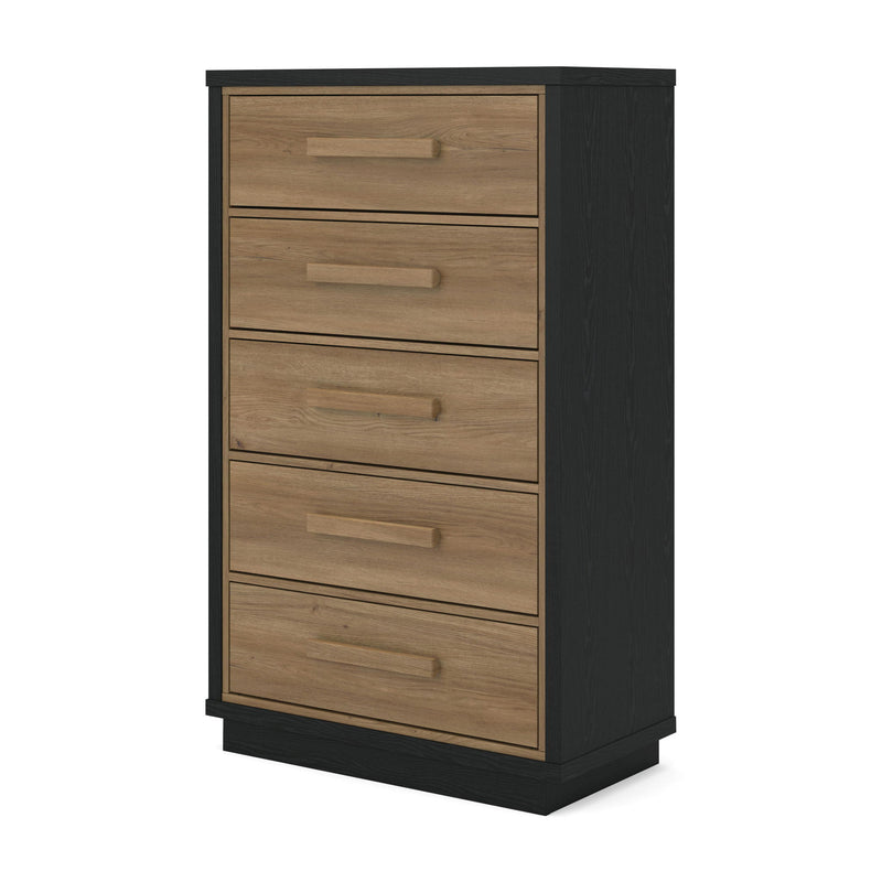Black and brown five-drawer chest front view with wooden drawers and bar handles