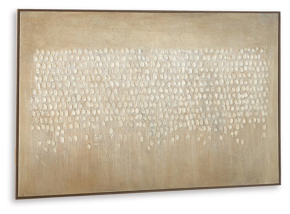 Framed beige and brown abstract wall art with dotted lines across rectangular canvas