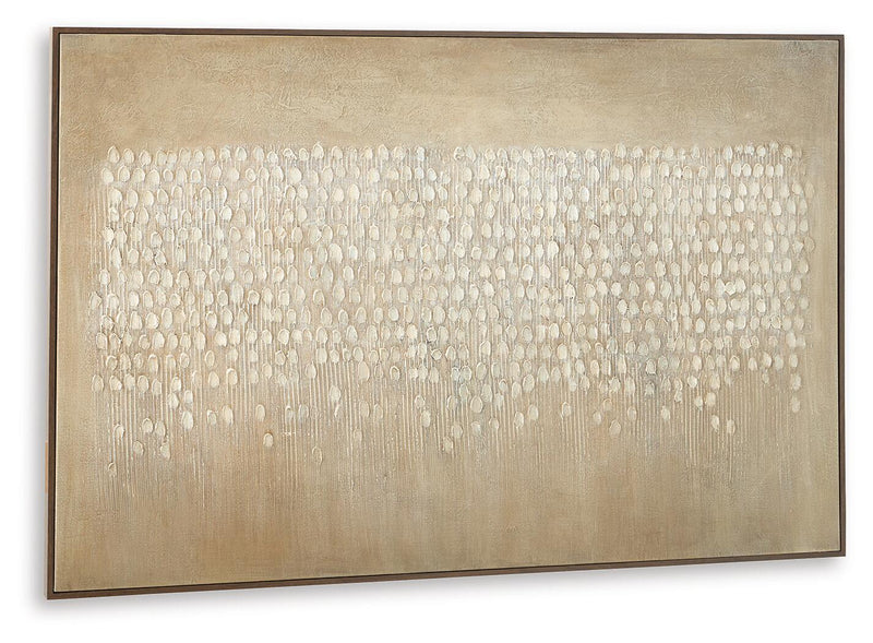 Framed beige and brown abstract wall art with dotted lines across rectangular canvas