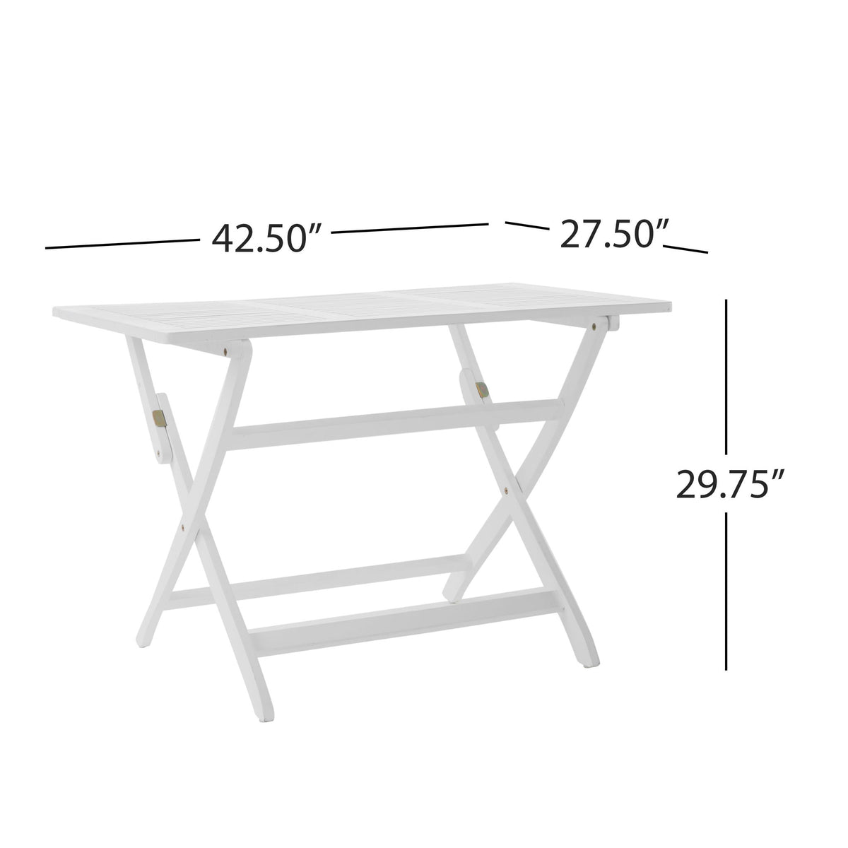 White foldable dining table with X-frame legs; square top and size dimensions shown