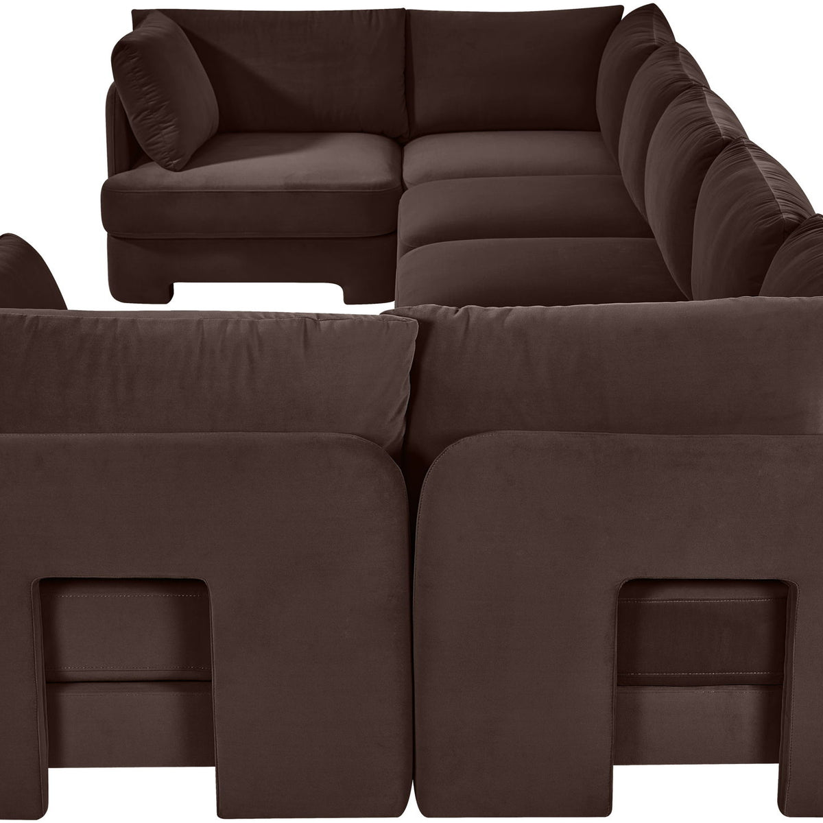 Espresso brown velvet U-shaped sectional sofa, 7-piece set with ottoman blocks
