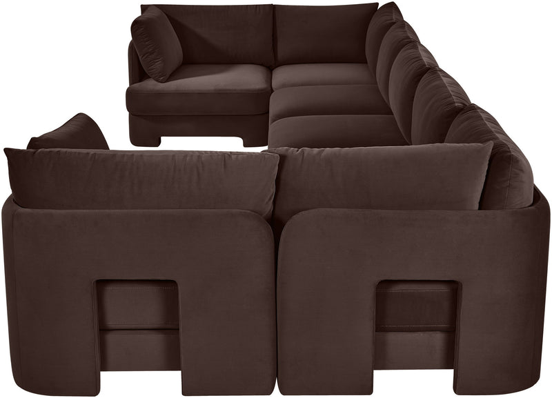 Espresso brown velvet U-shaped sectional sofa, 7-piece set with ottoman blocks