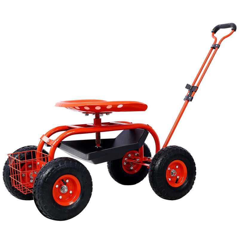 Red garden scooter cart with 360 swivel seat, black tool tray, and front wheel basket