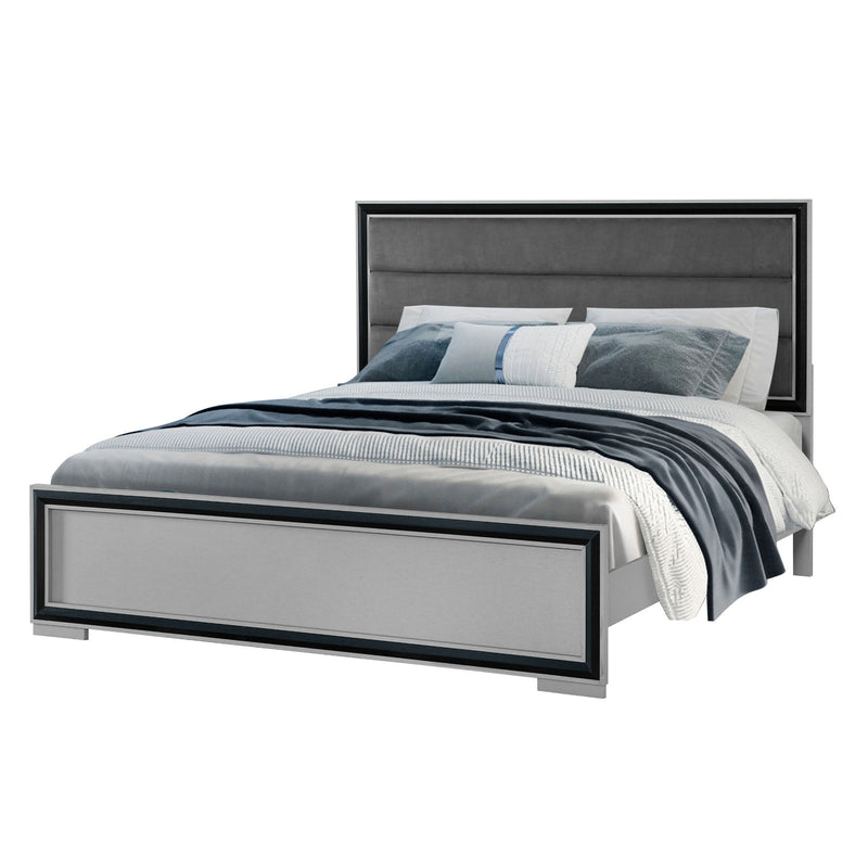 Gray upholstered bed frame with rectangular center panel, dark edge trim