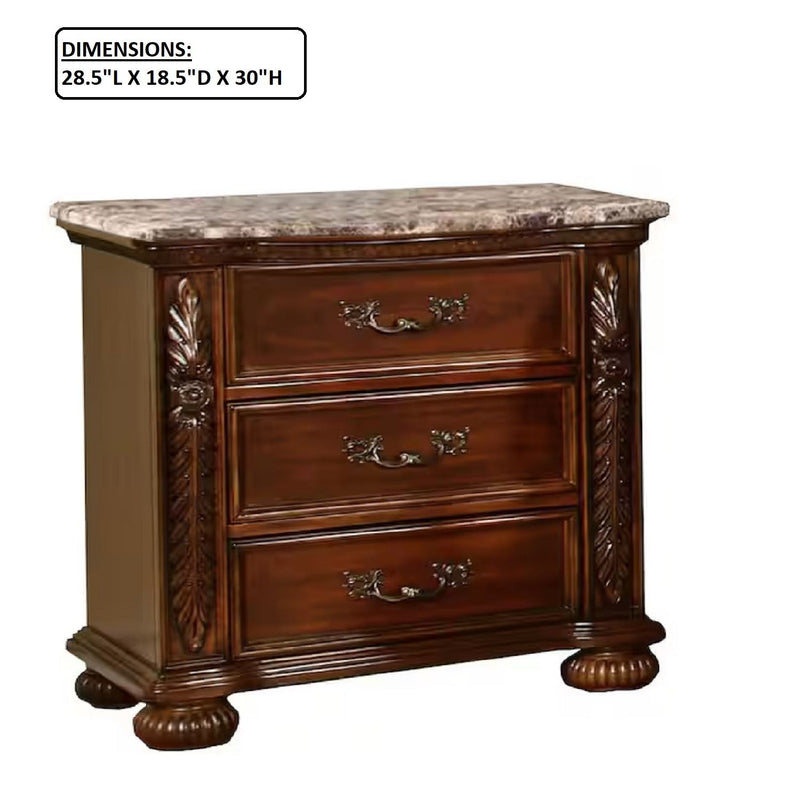 Cherry nightstand with three drawers, ornate carved legs, and stone-look tabletop