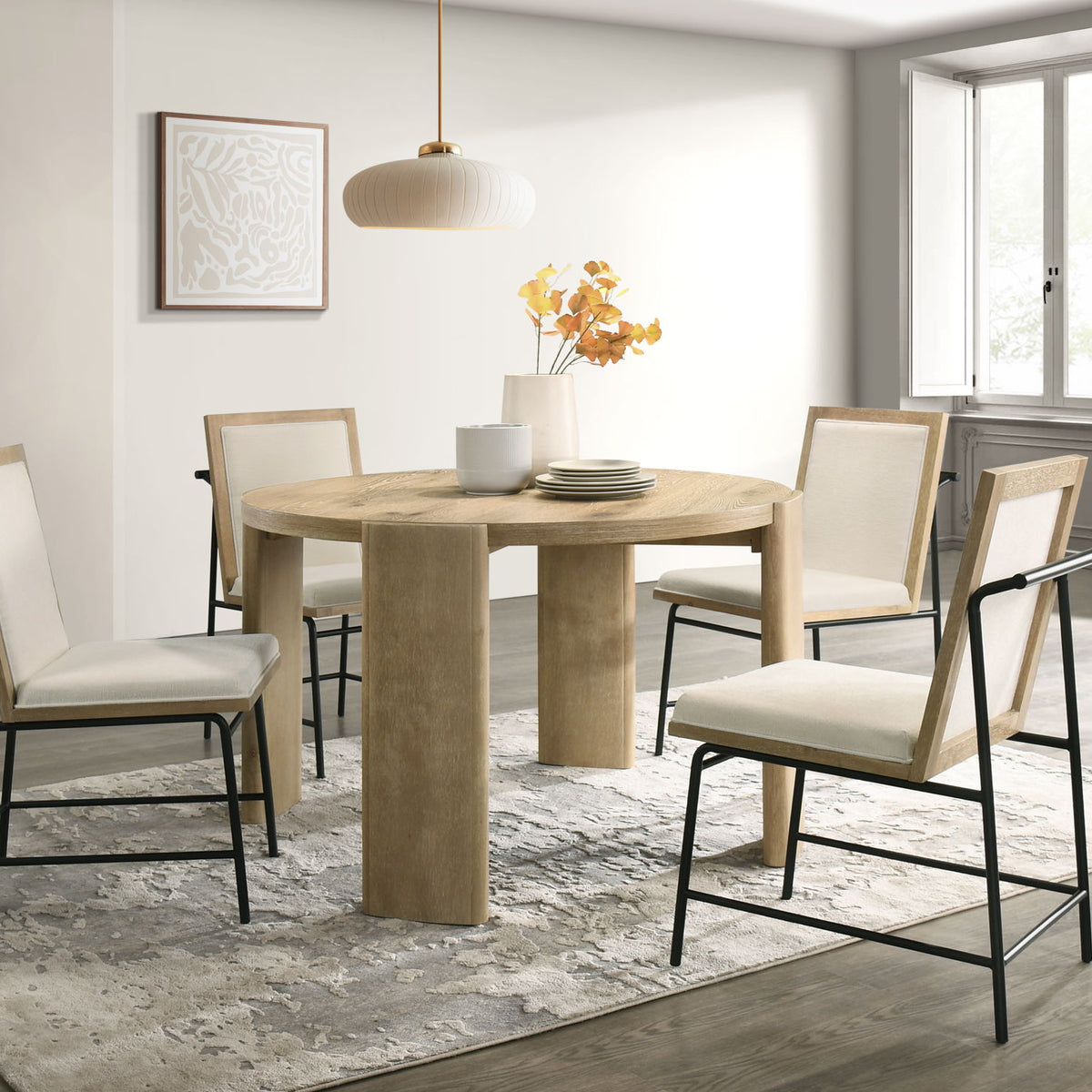 Bowen - Round Dining Table With Cream Color Upholstered Chairs (Set of 5) - Oak Finish