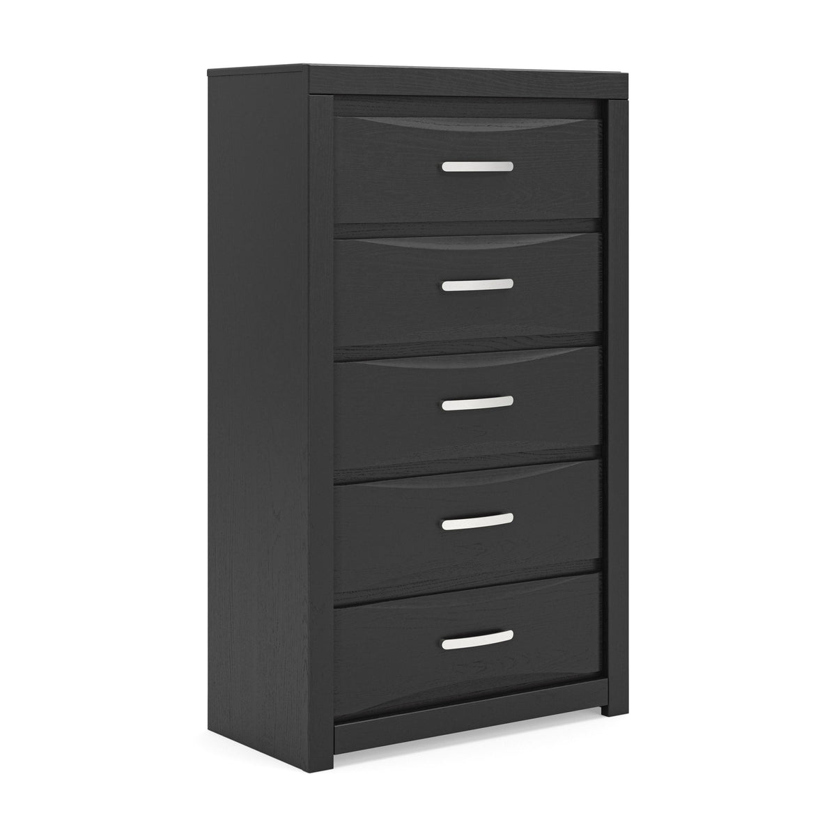 Black five-drawer chest with horizontal bar pulls, matte finish