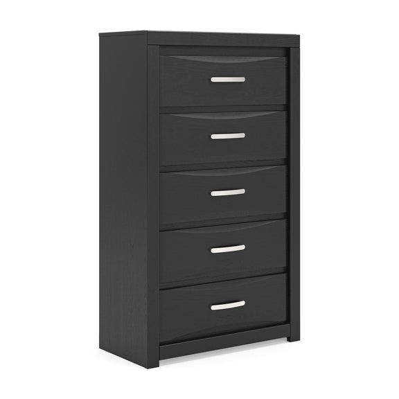 Black five-drawer chest with horizontal bar pulls, matte finish