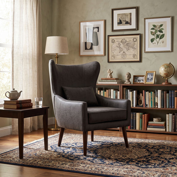 Curved-back lounge chair in dark fabric with thick arms and inset back cushion.