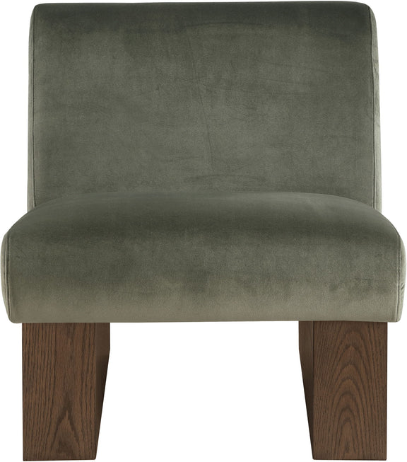 Velvet accent chair with dark green upholstery and walnut-toned wood legs, wide seat.