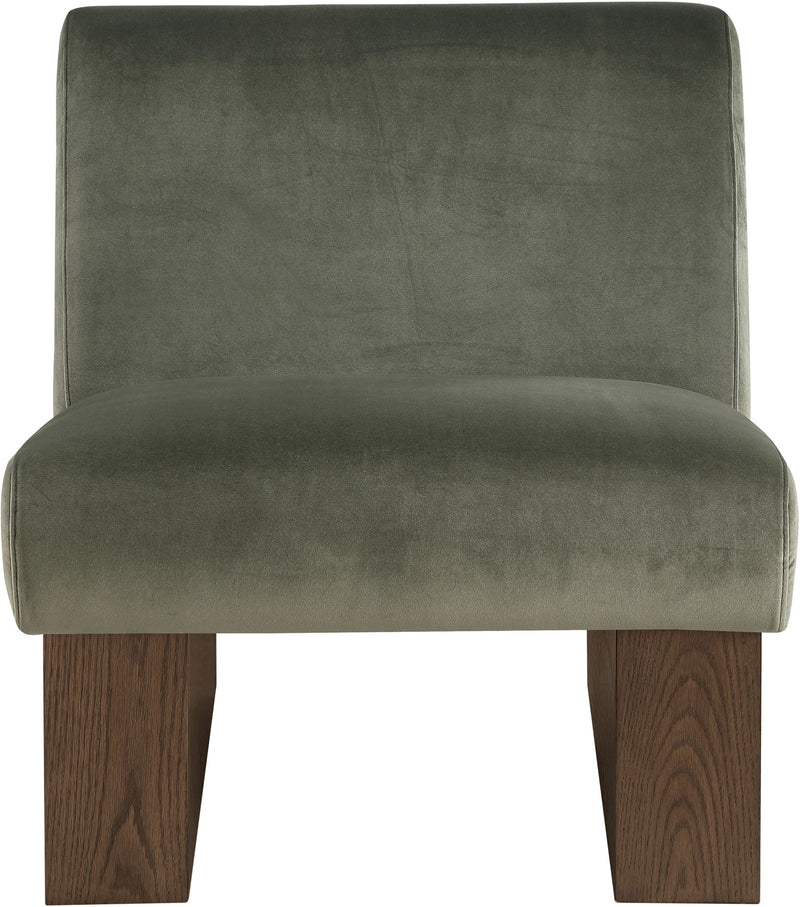 Velvet accent chair with dark green upholstery and walnut-toned wood legs, wide seat.