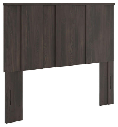 Dark brown panel headboard with vertical slats and corner posts